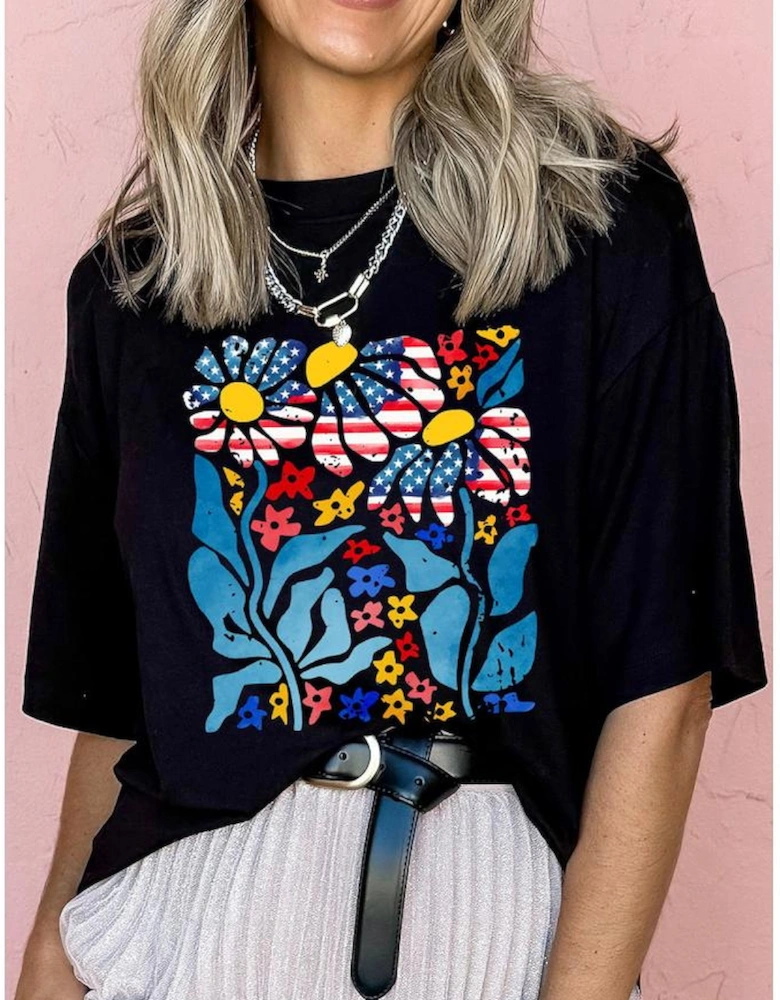 Black USA Flag Flower Graphic Drop Shoulder T Shirt