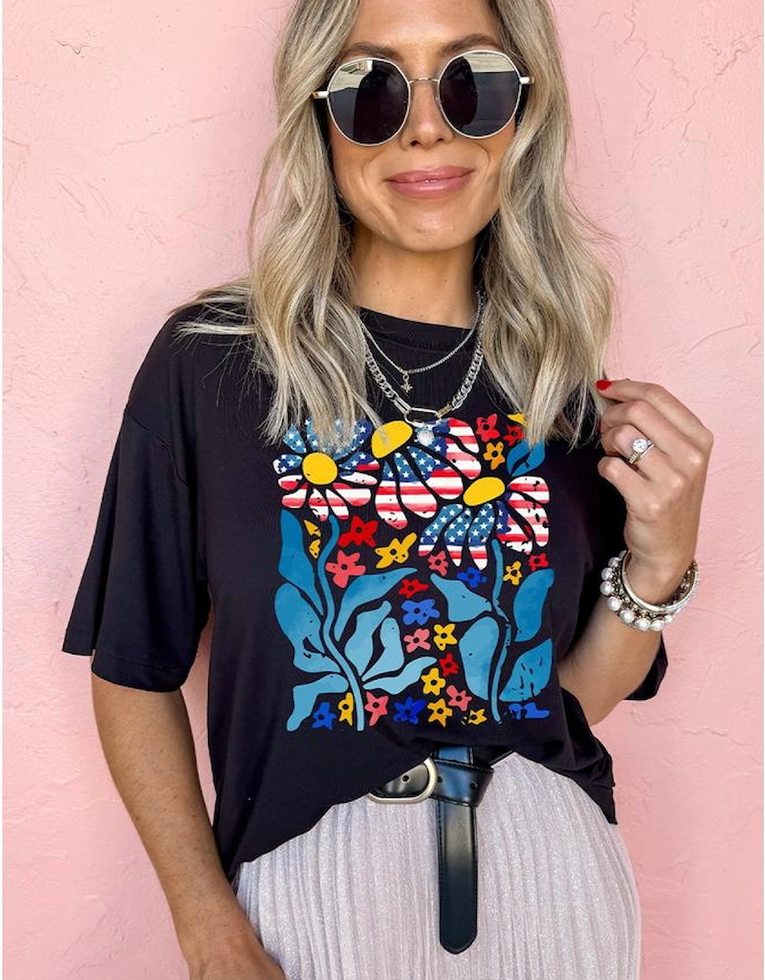 Black USA Flag Flower Graphic Drop Shoulder T Shirt