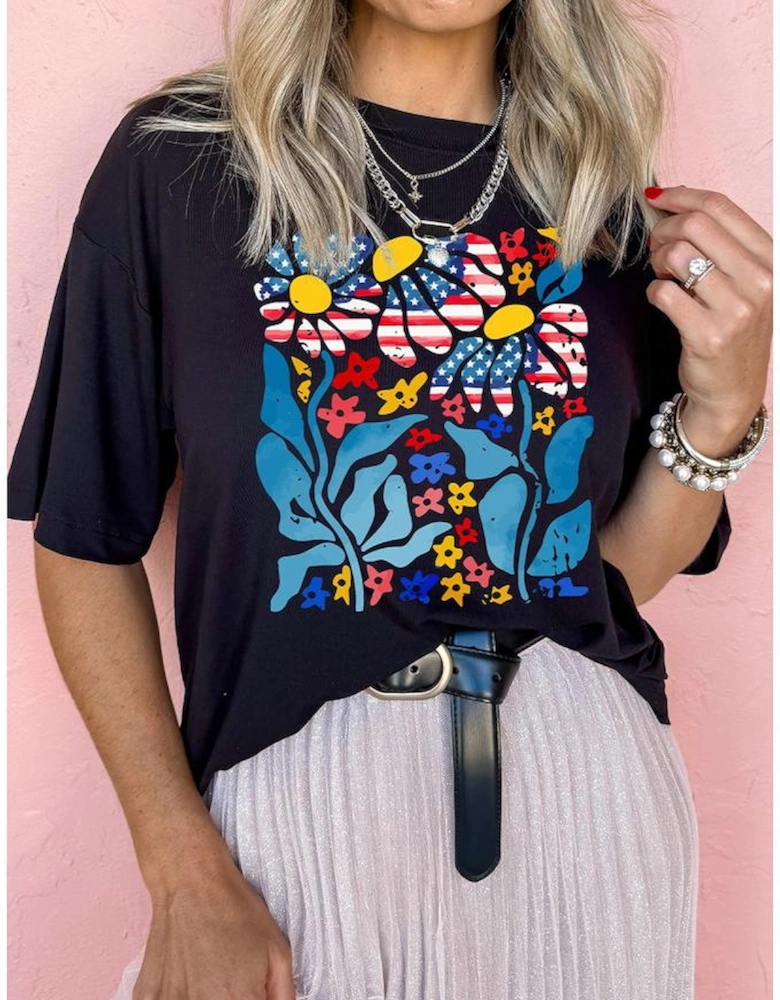 Black USA Flag Flower Graphic Drop Shoulder T Shirt