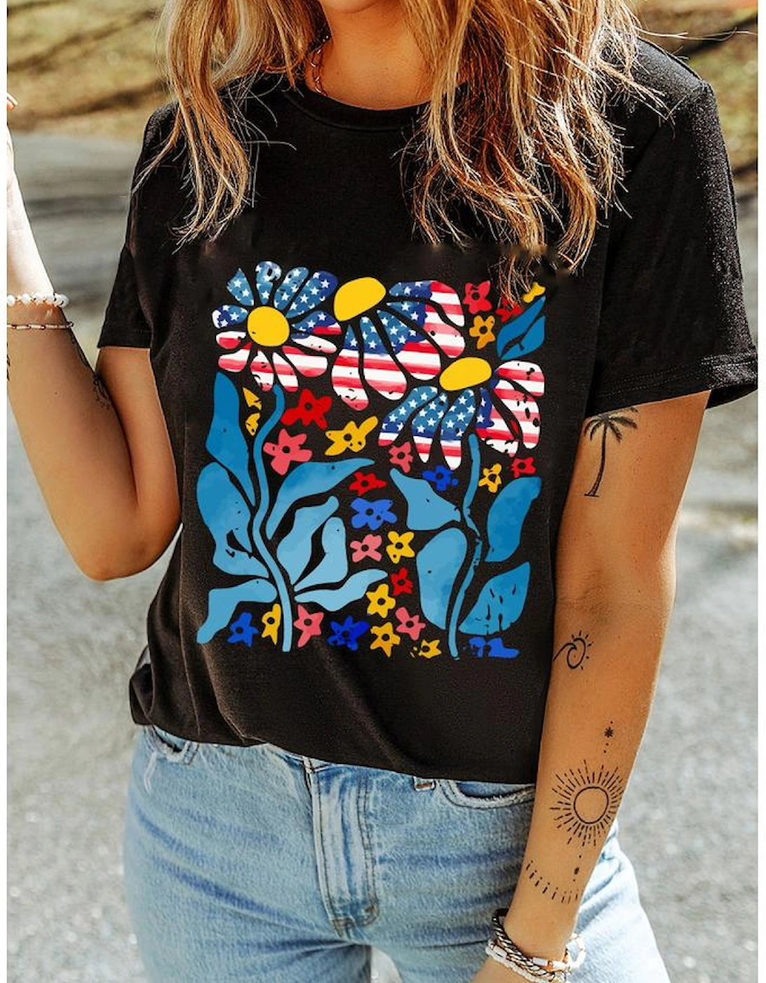 Black USA Flag Flower Graphic Drop Shoulder T Shirt