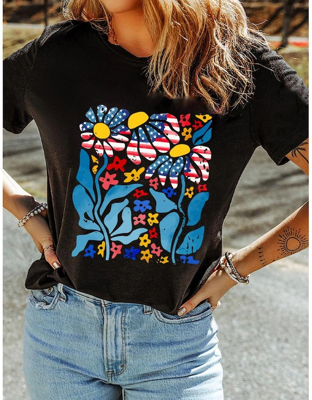 Black USA Flag Flower Graphic Drop Shoulder T Shirt