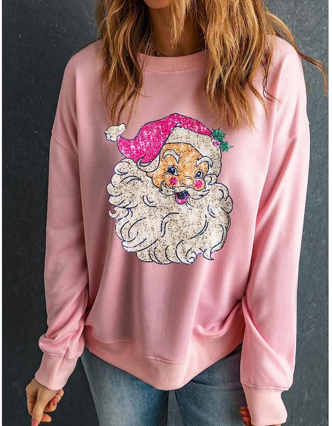 Pink Bold Christmas Claus Graphic Drop Shoulder Sweatshirt