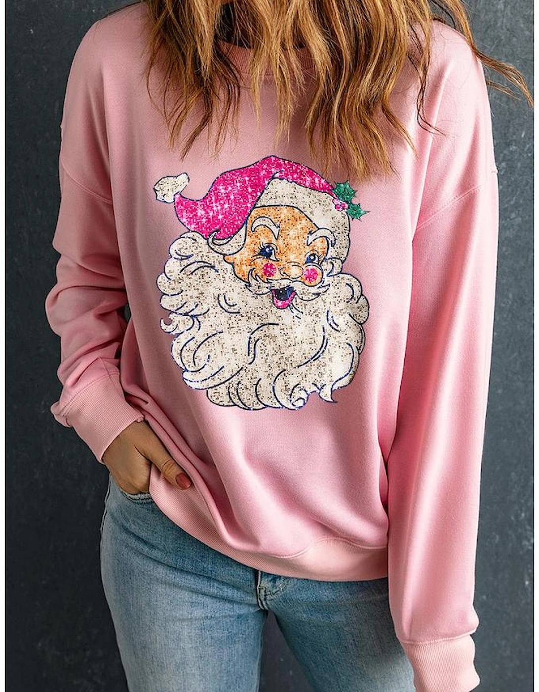 Pink Bold Christmas Claus Graphic Drop Shoulder Sweatshirt