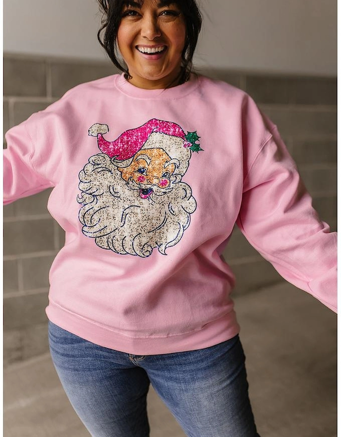 Pink Bold Christmas Claus Graphic Drop Shoulder Sweatshirt