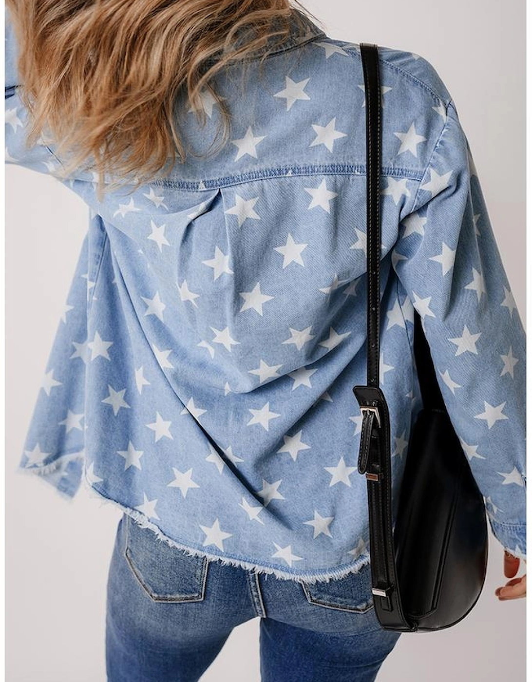 Sky Blue Star Print Light Wash Raw Hem Denim Jacket