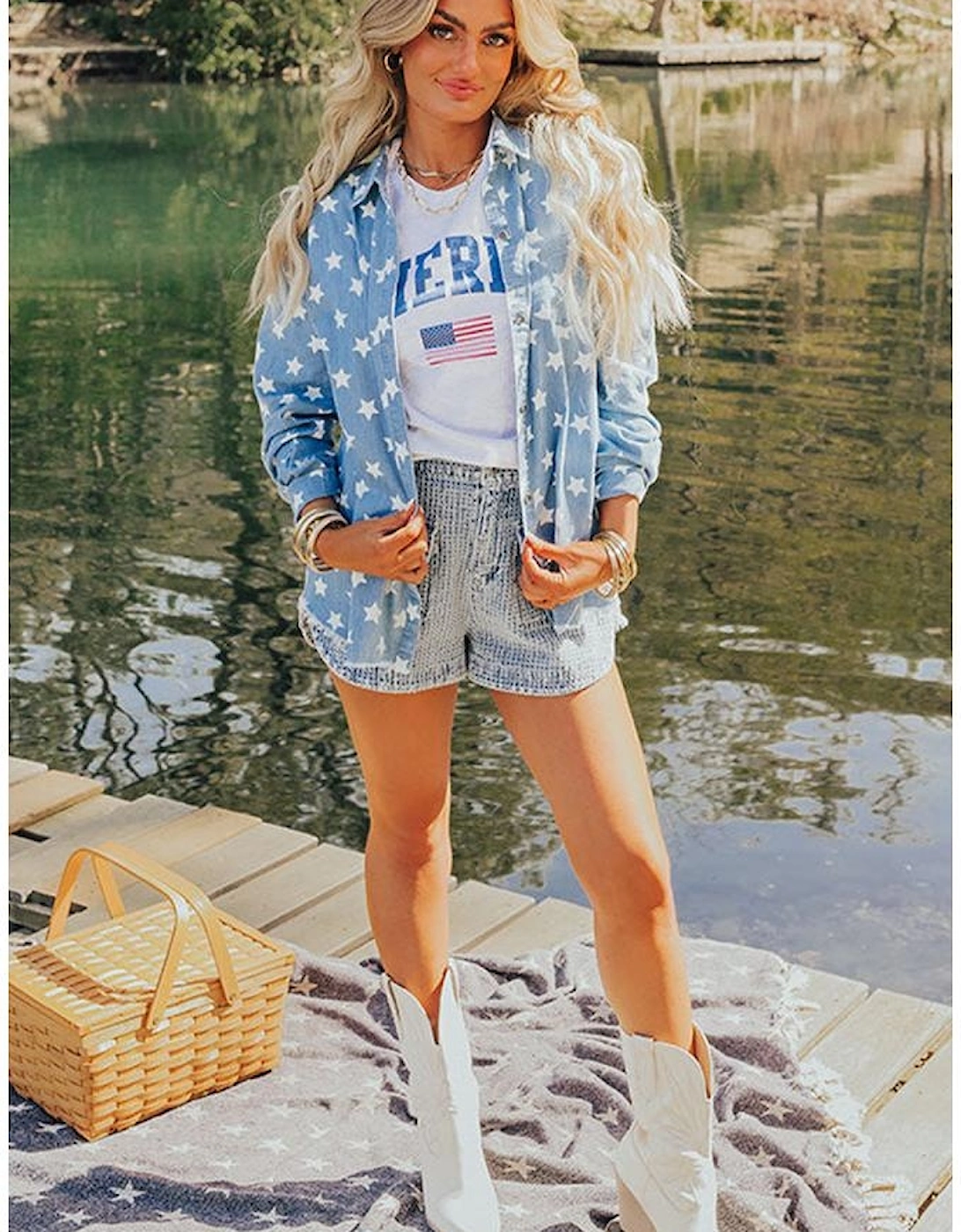 Sky Blue Star Print Light Wash Raw Hem Denim Jacket