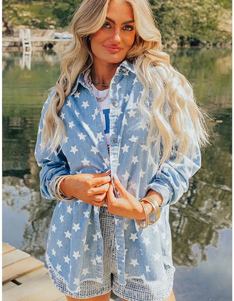 Sky Blue Star Print Light Wash Raw Hem Denim Jacket