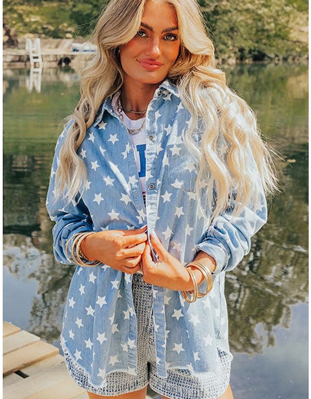 Sky Blue Star Print Light Wash Raw Hem Denim Jacket