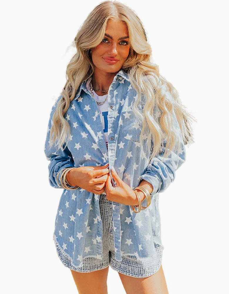 Sky Blue Star Print Light Wash Raw Hem Denim Jacket