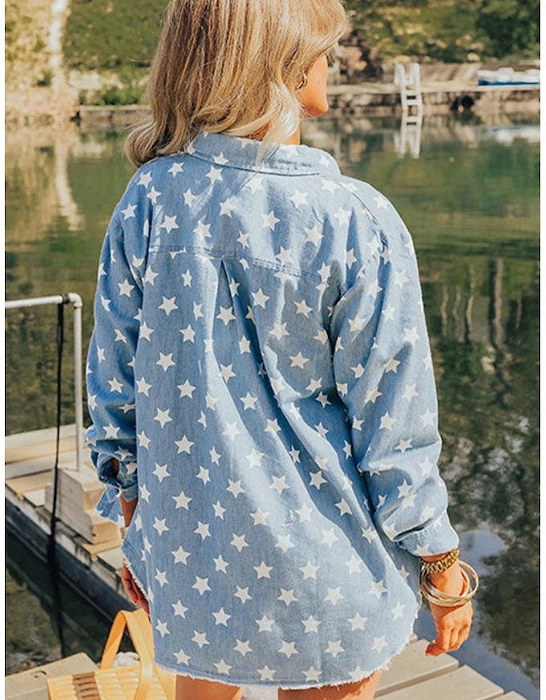 Sky Blue Star Print Light Wash Raw Hem Denim Jacket