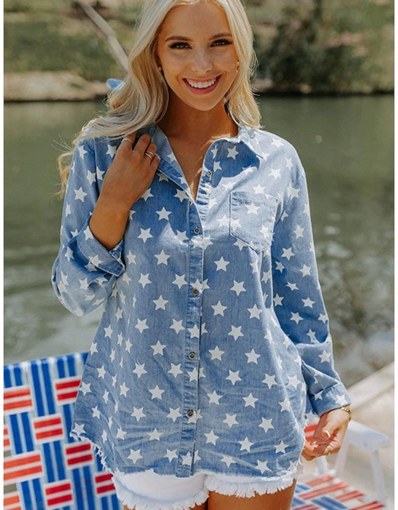 Sky Blue Star Print Light Wash Raw Hem Denim Jacket
