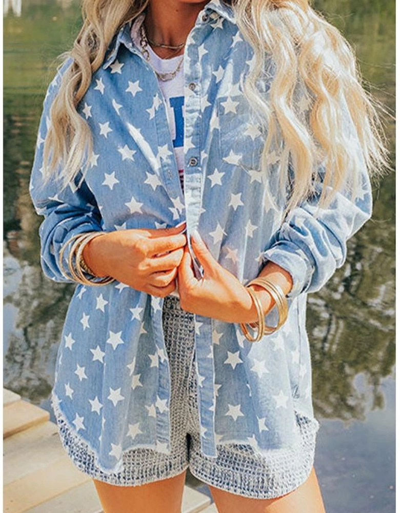 Sky Blue Star Print Light Wash Raw Hem Denim Jacket