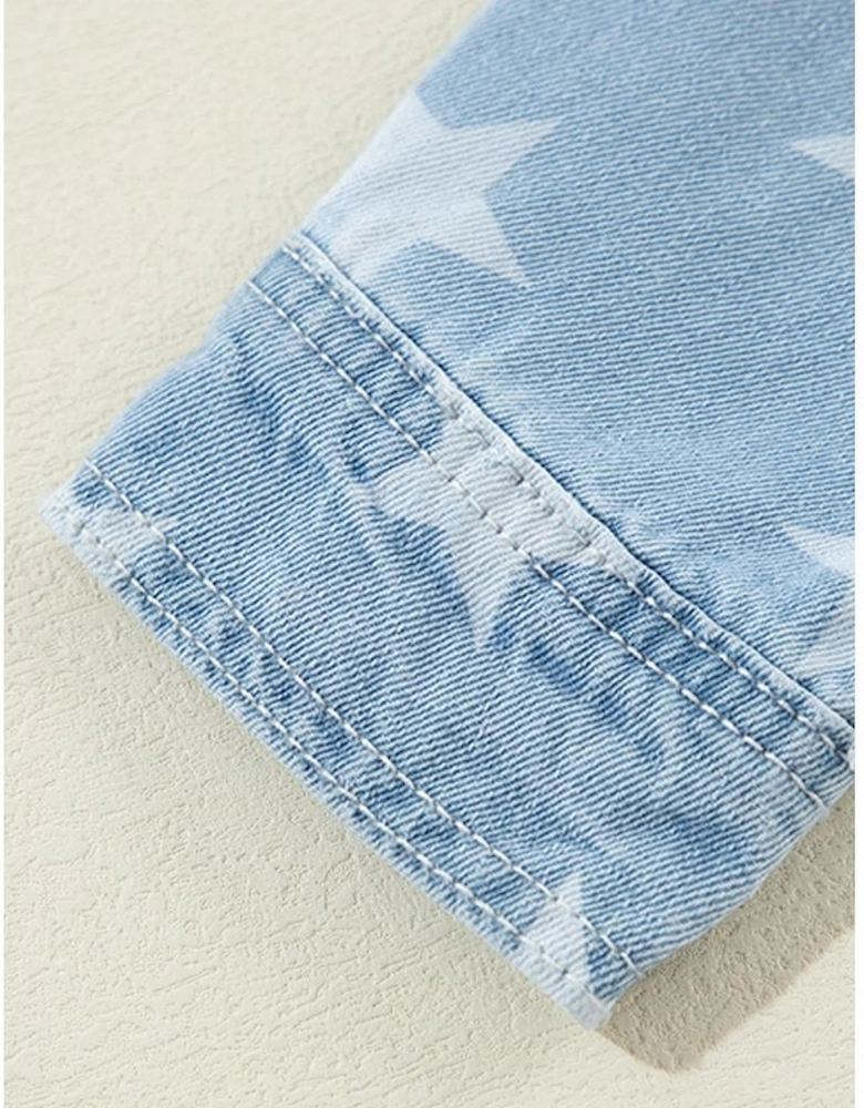 Sky Blue Star Print Light Wash Raw Hem Denim Jacket