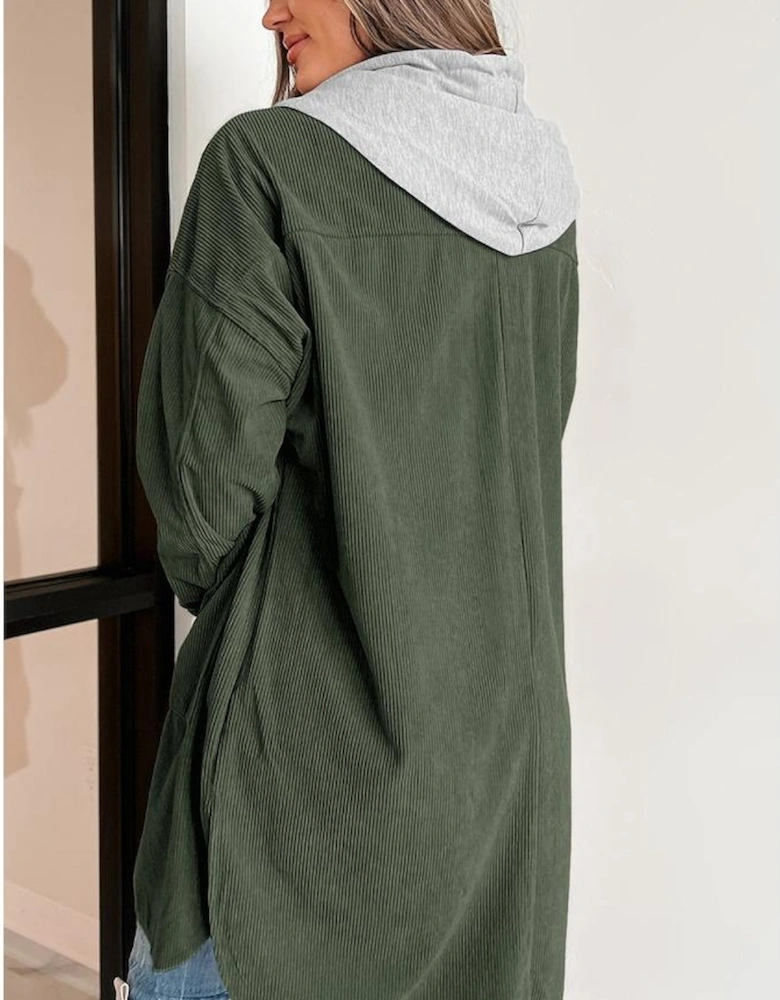Jungle Green Oversized Corduroy Contrast Hooded Shacket