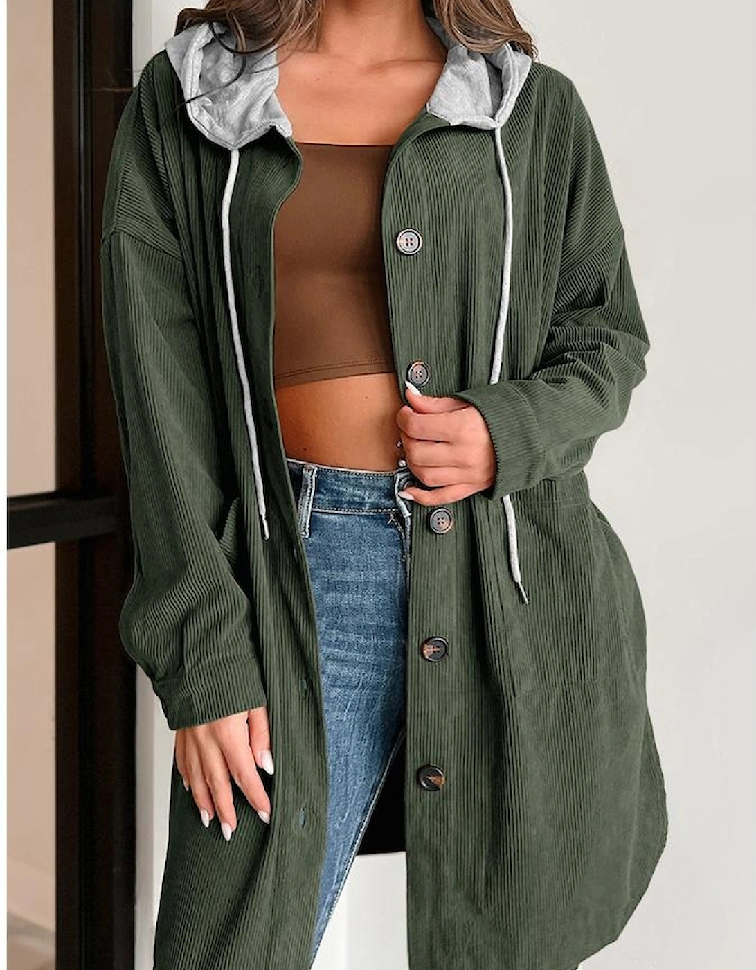 Jungle Green Oversized Corduroy Contrast Hooded Shacket