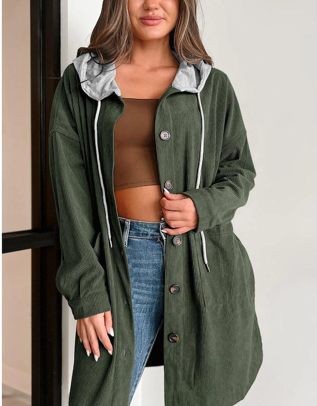 Jungle Green Oversized Corduroy Contrast Hooded Shacket