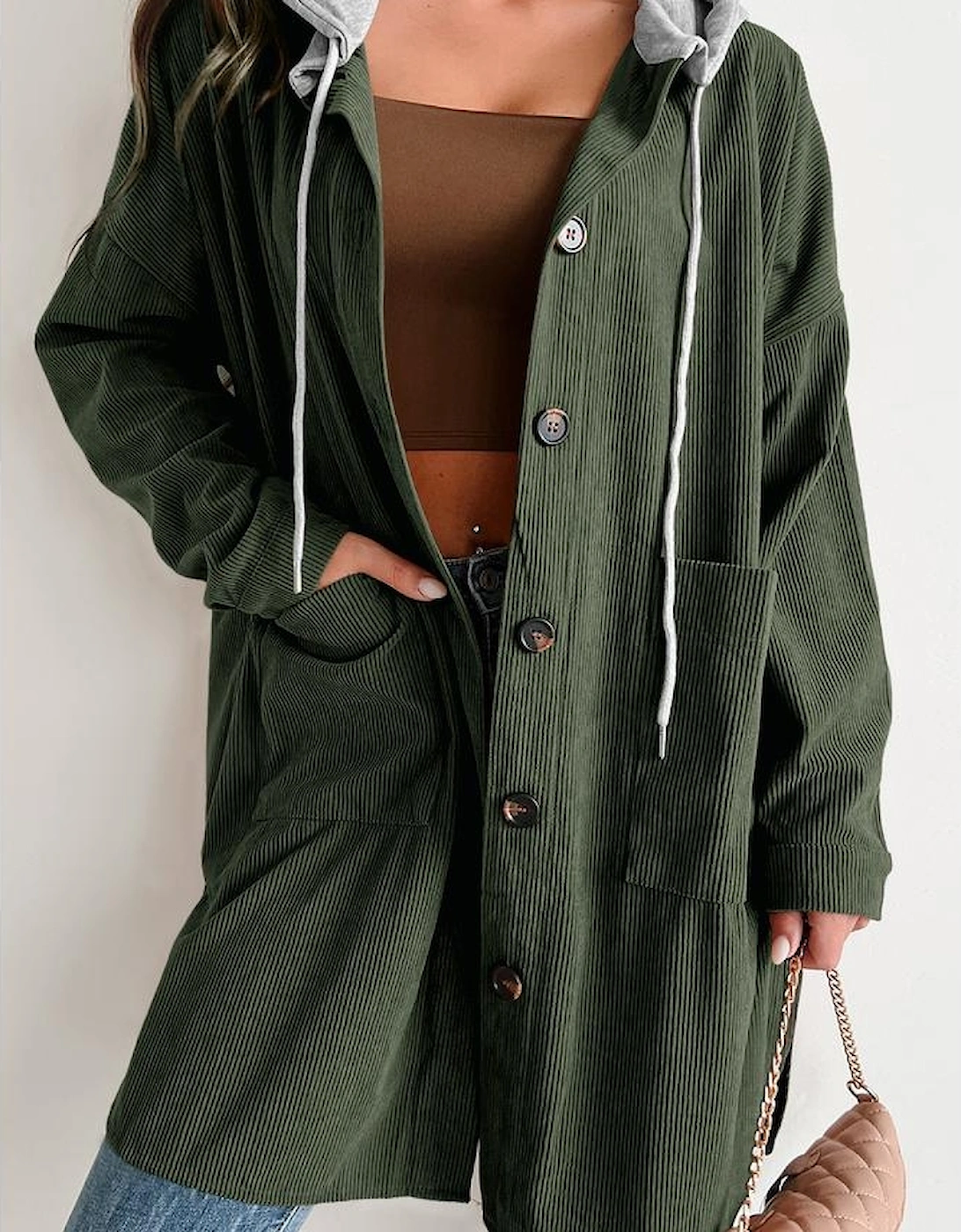 Jungle Green Oversized Corduroy Contrast Hooded Shacket