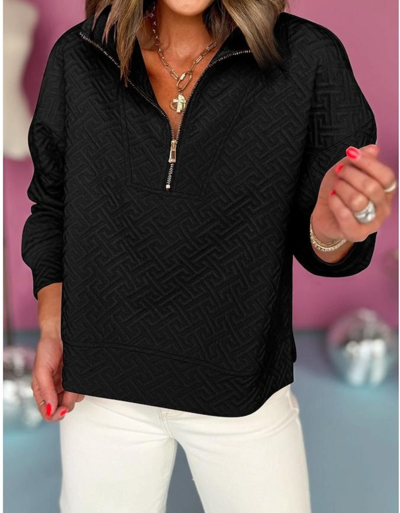 Black Solid Textured Half Zipper Collared Sweatshirt