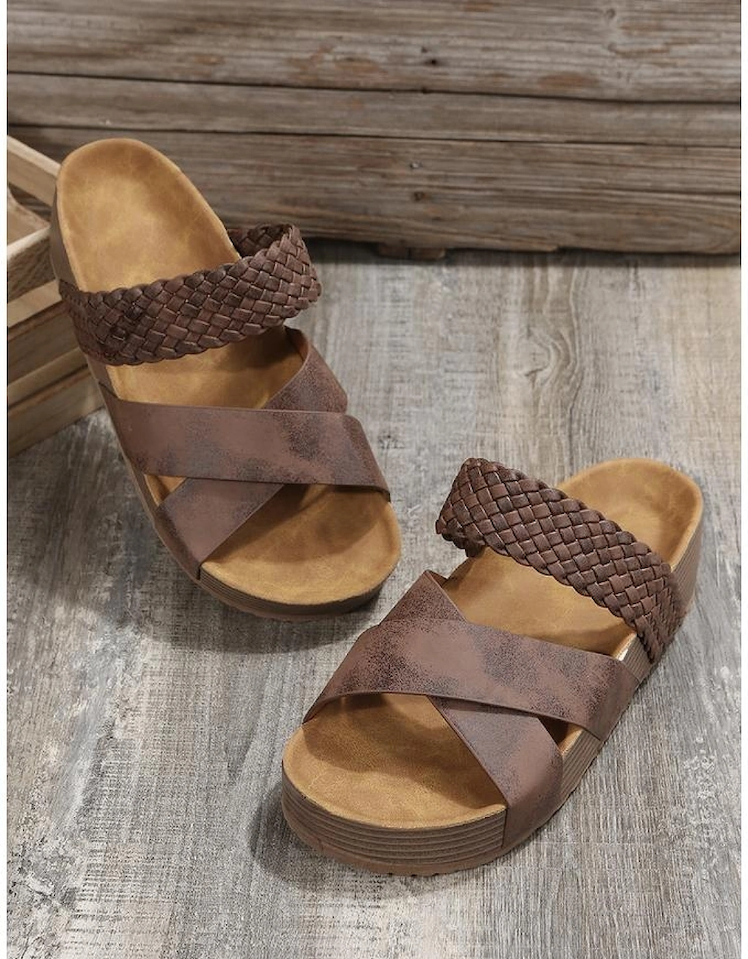 Brown Braided Detail Criss Cross Platform Slippers