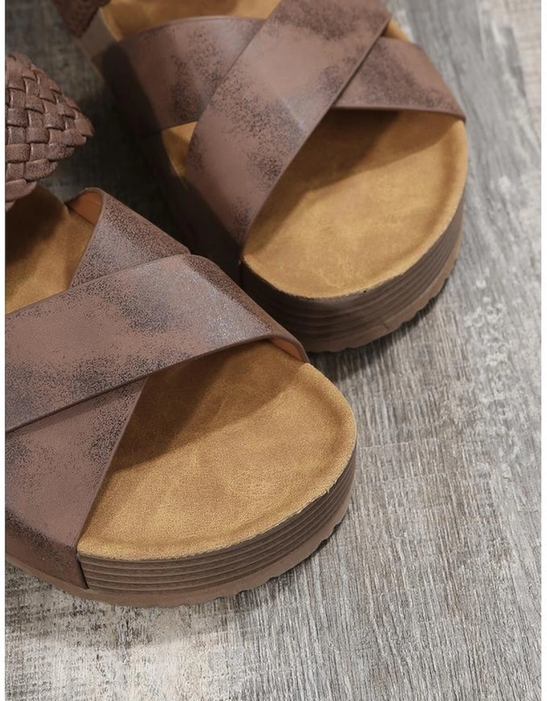 Brown Braided Detail Criss Cross Platform Slippers