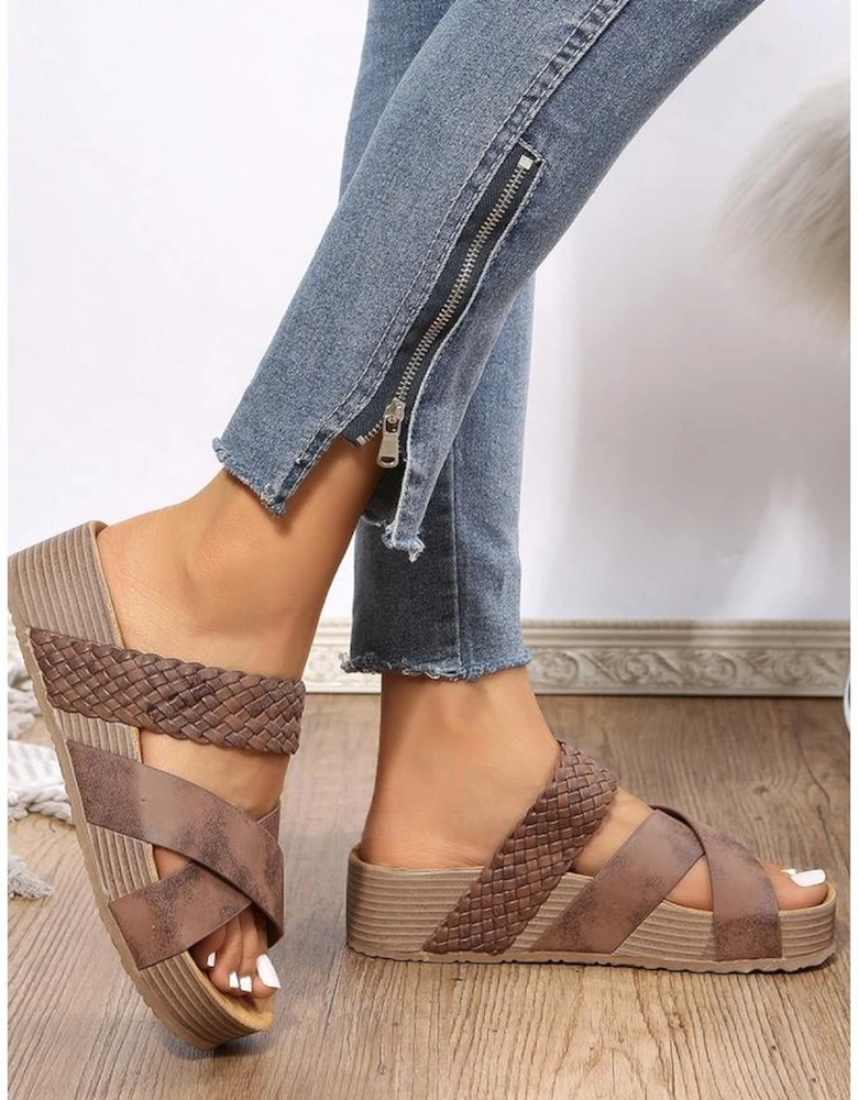 Brown Braided Detail Criss Cross Platform Slippers