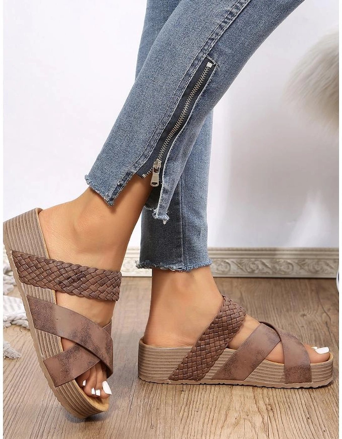 Brown Braided Detail Criss Cross Platform Slippers