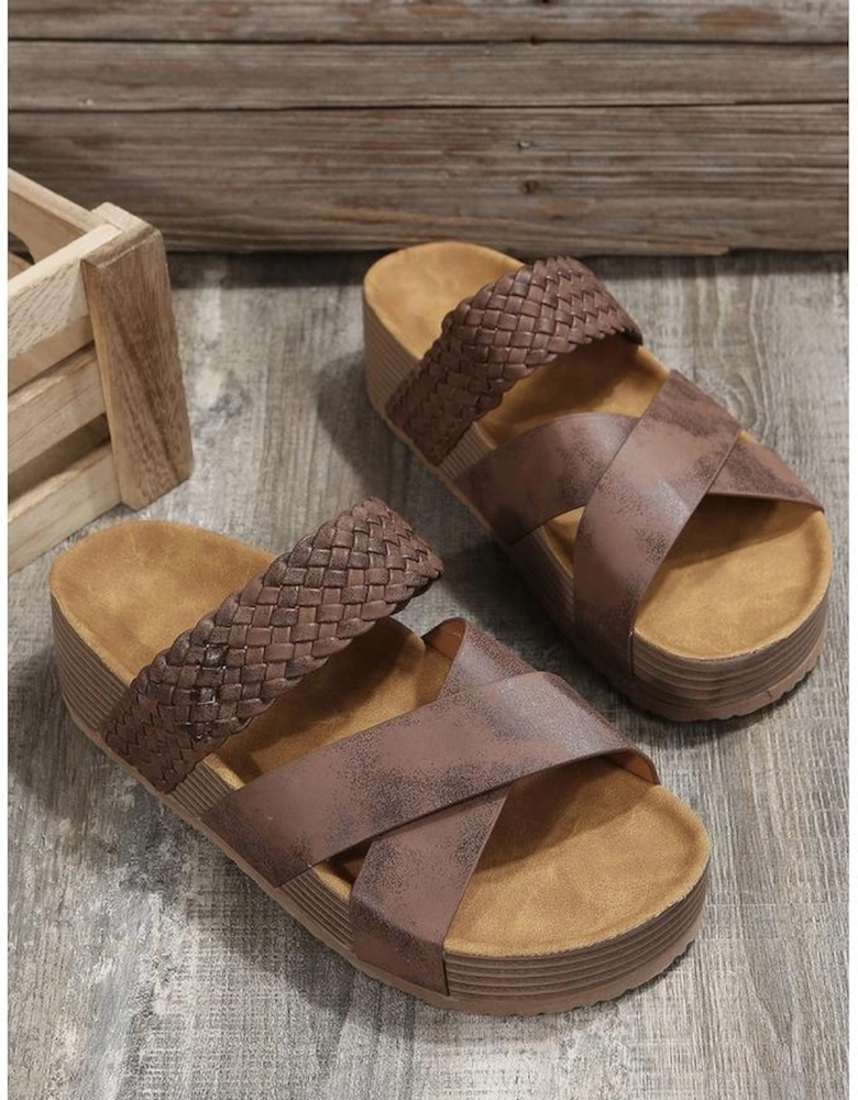Brown Braided Detail Criss Cross Platform Slippers