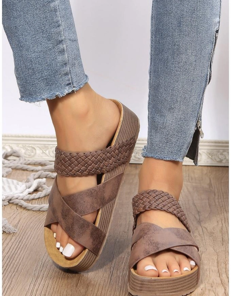 Brown Braided Detail Criss Cross Platform Slippers