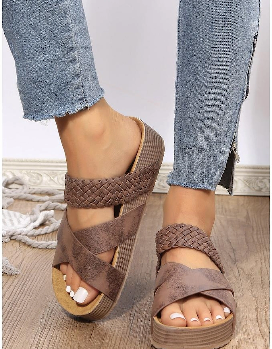 Brown Braided Detail Criss Cross Platform Slippers