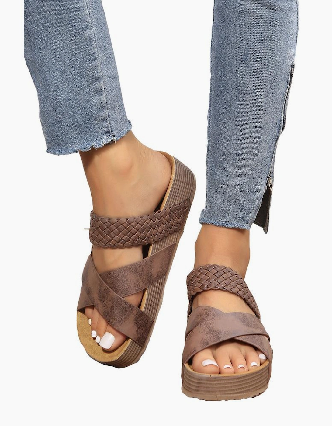 Brown Braided Detail Criss Cross Platform Slippers