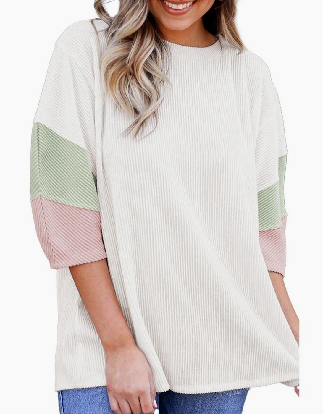 White Color Block Ribbed Knit Quarter Sleeve Top, 6 of 5