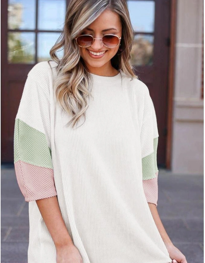 White Color Block Ribbed Knit Quarter Sleeve Top