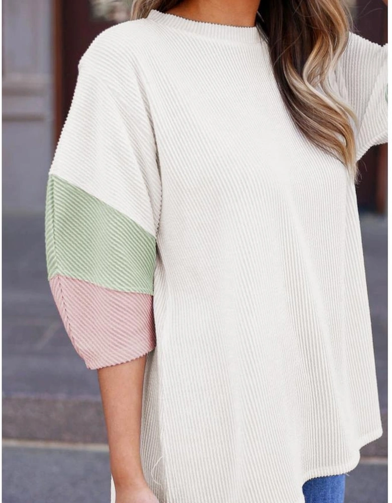 White Color Block Ribbed Knit Quarter Sleeve Top