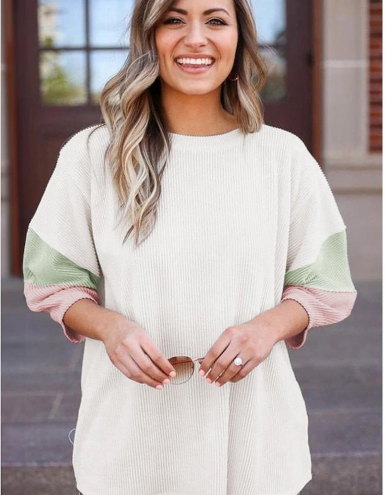 White Color Block Ribbed Knit Quarter Sleeve Top