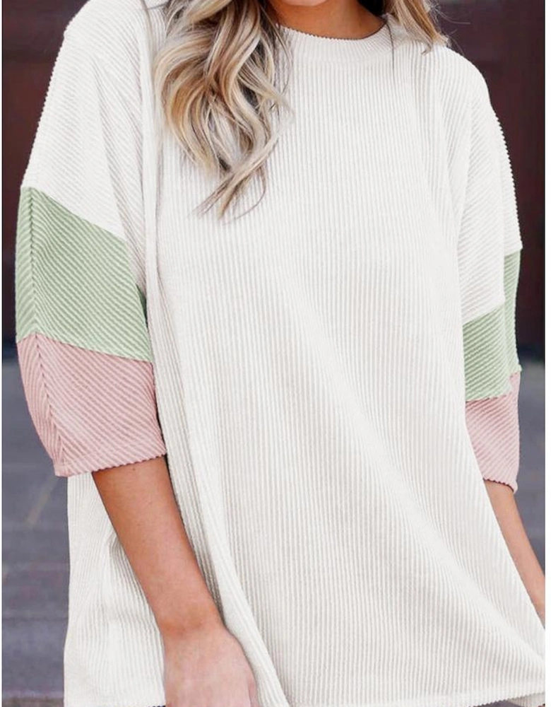 White Color Block Ribbed Knit Quarter Sleeve Top