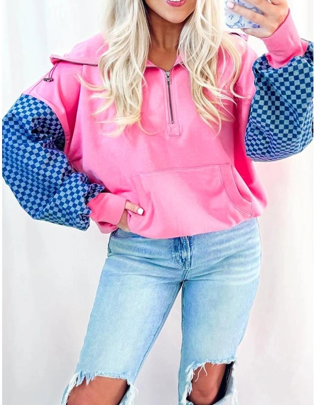 Bonbon Checkered Patchwork Kangaroo Pocket Half Zipper Hoodie