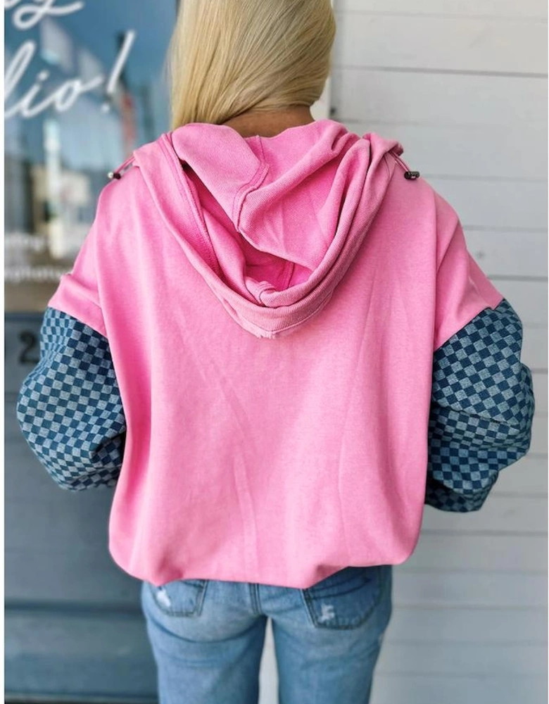 Bonbon Checkered Patchwork Kangaroo Pocket Half Zipper Hoodie