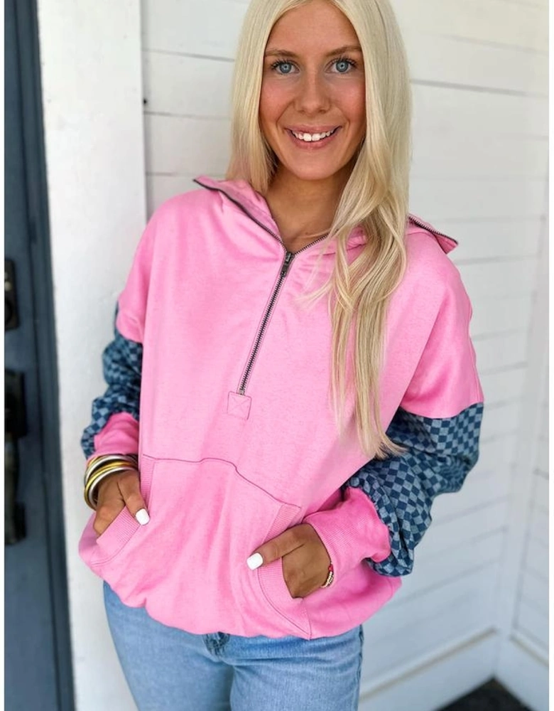 Bonbon Checkered Patchwork Kangaroo Pocket Half Zipper Hoodie