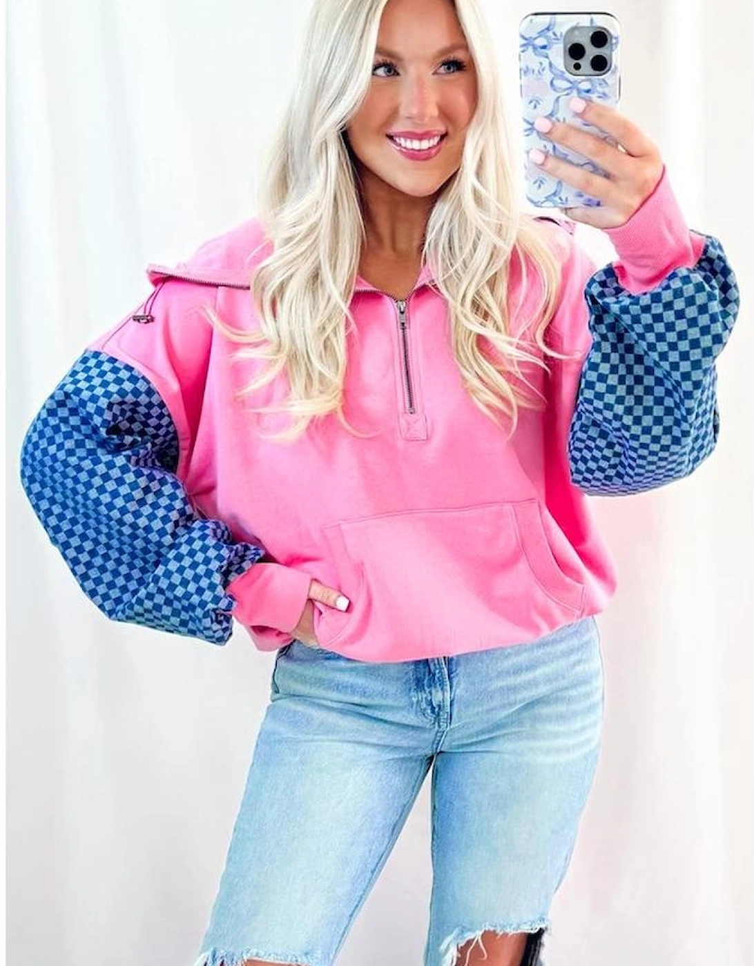 Bonbon Checkered Patchwork Kangaroo Pocket Half Zipper Hoodie