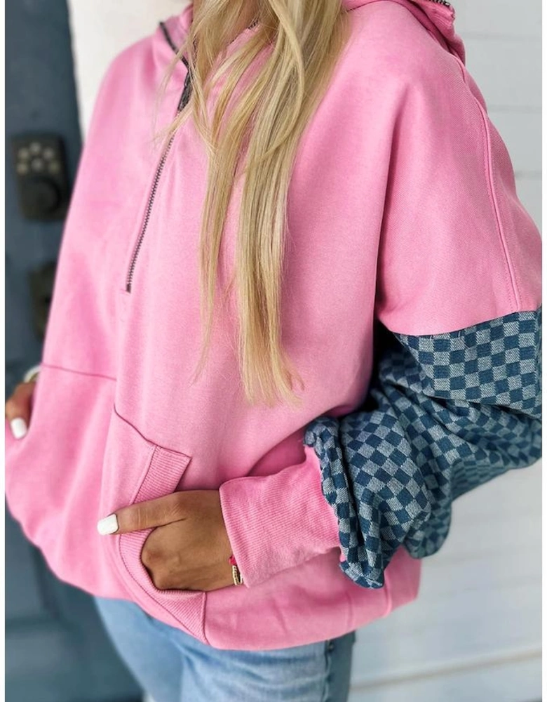 Bonbon Checkered Patchwork Kangaroo Pocket Half Zipper Hoodie