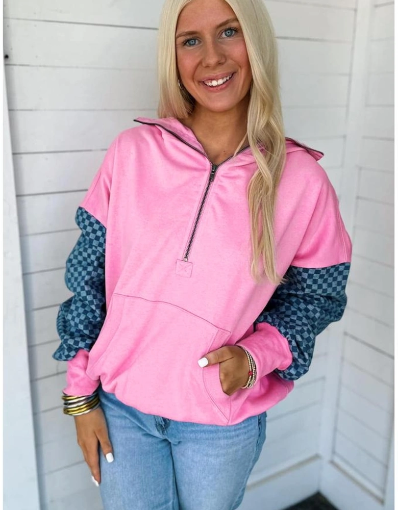 Bonbon Checkered Patchwork Kangaroo Pocket Half Zipper Hoodie