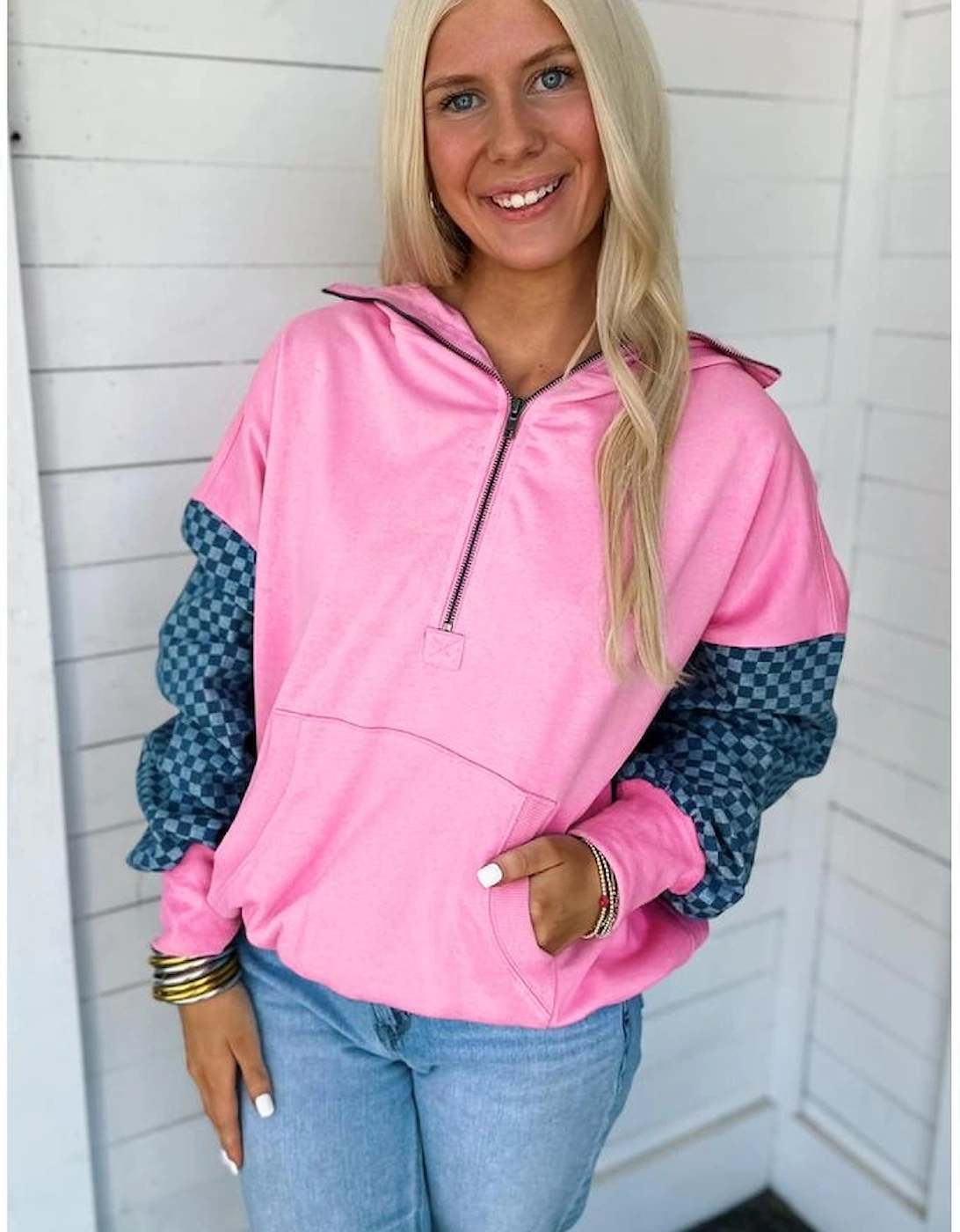 Bonbon Checkered Patchwork Kangaroo Pocket Half Zipper Hoodie