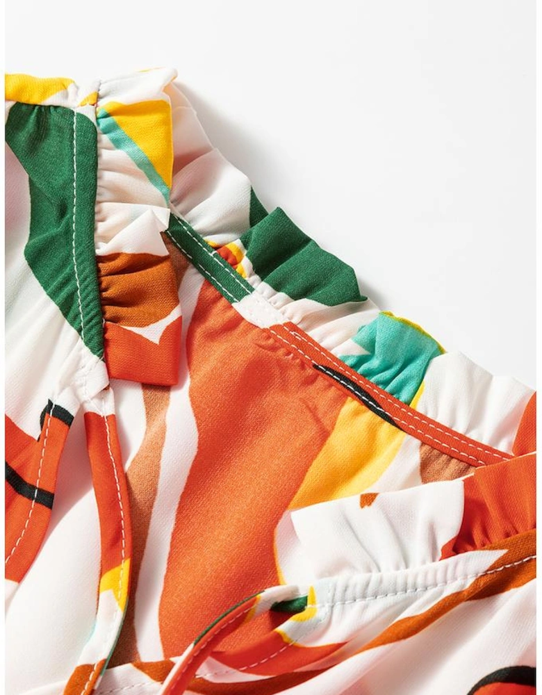 Orange Floral Print Split V Neck Tiered Maxi Dress