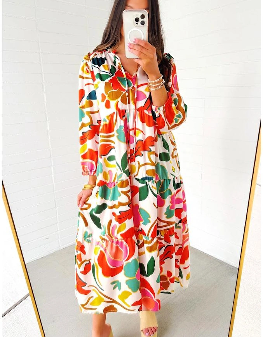 Orange Floral Print Split V Neck Tiered Maxi Dress