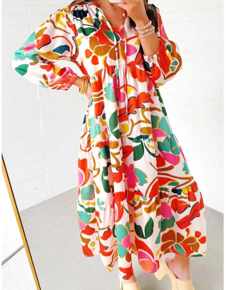 Orange Floral Print Split V Neck Tiered Maxi Dress