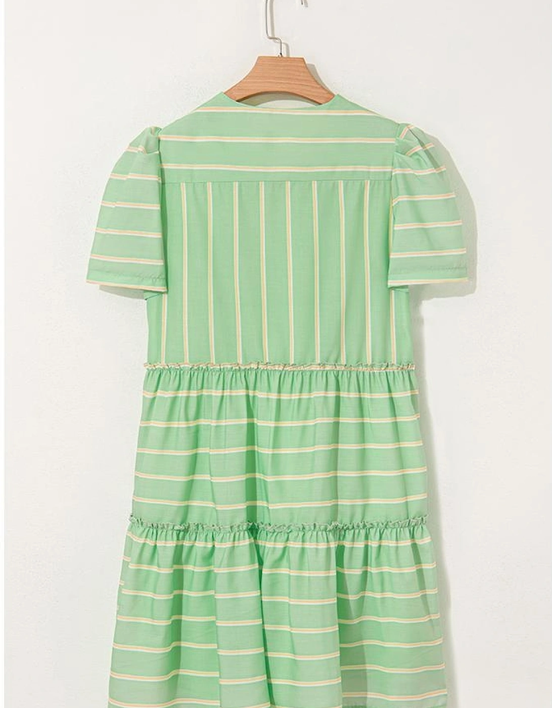 Green Stripe V Neck Short Sleeve Frilled Detail A-line Dress