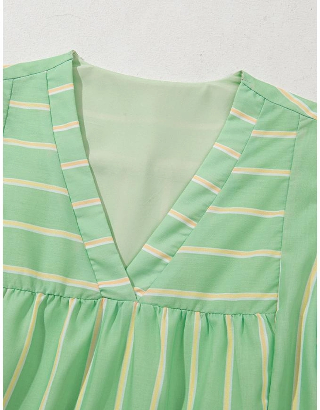 Green Stripe V Neck Short Sleeve Frilled Detail A-line Dress