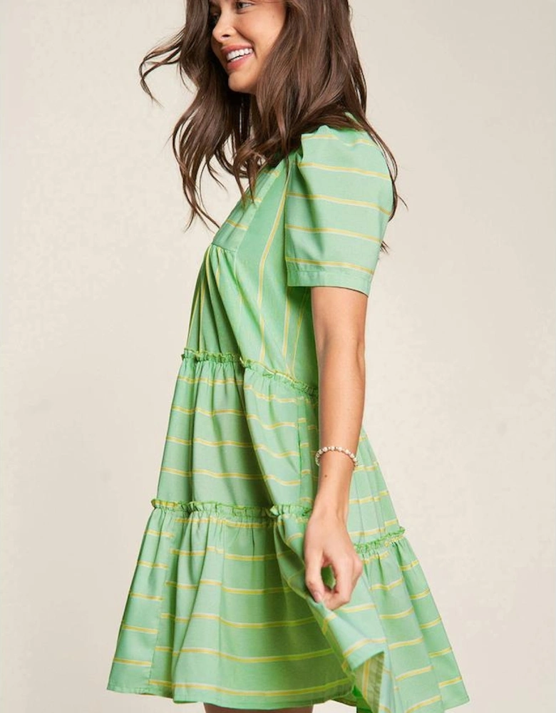 Green Stripe V Neck Short Sleeve Frilled Detail A-line Dress