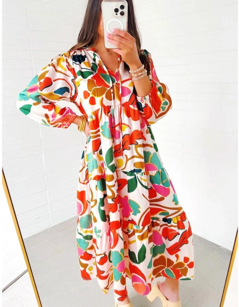 Orange Floral Print Split V Neck Tiered Maxi Dress