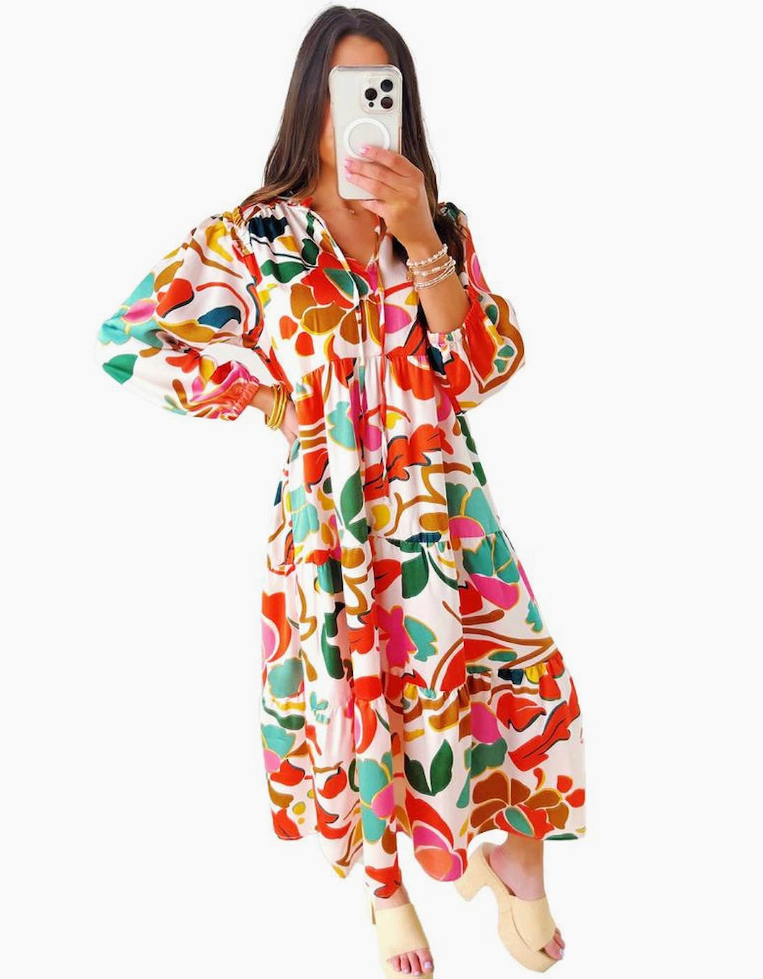 Orange Floral Print Split V Neck Tiered Maxi Dress